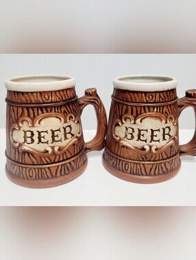 Vintage Japan Fine Ceramic Beer Barrel Mugs Set of 2 Faux Wood Beer Steins